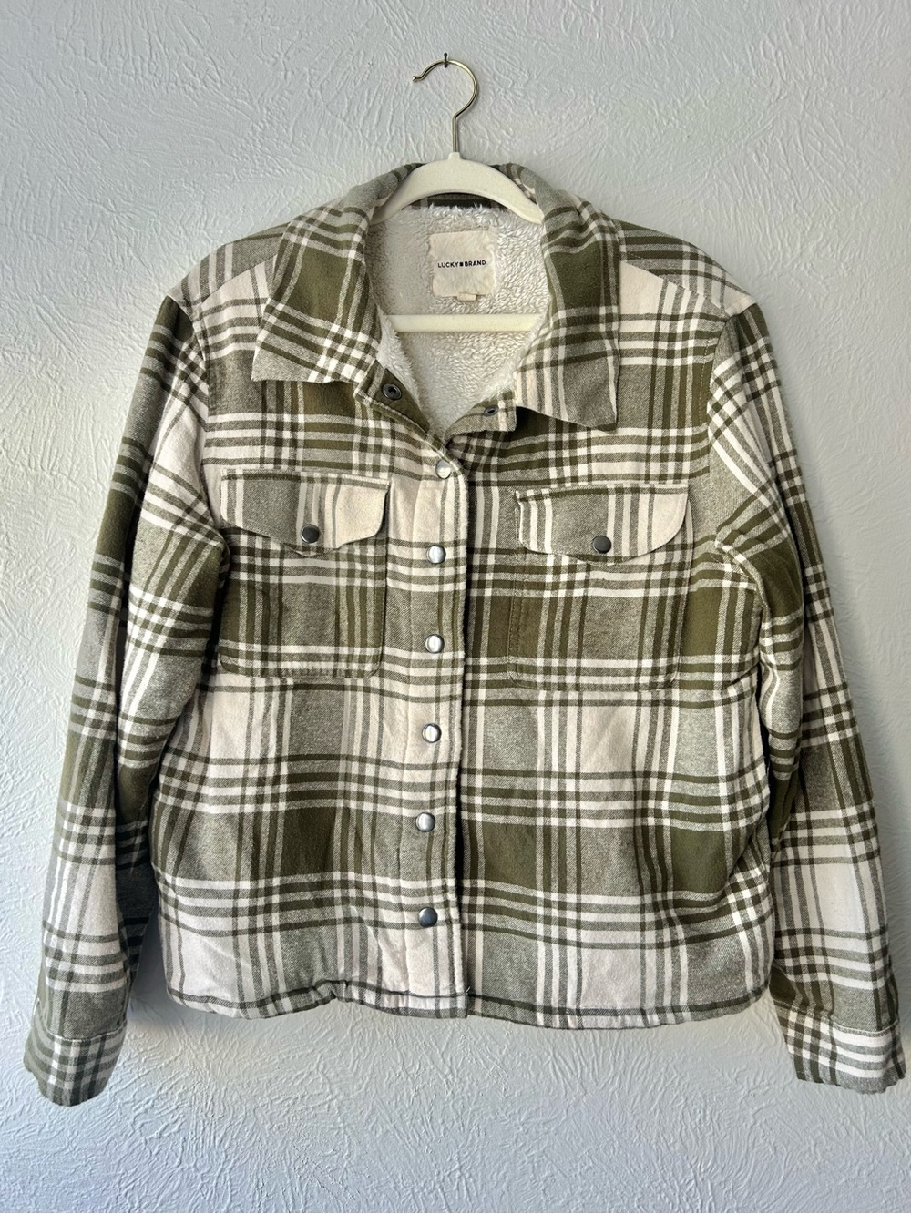 Lucky Brand Olive and Cream Plaid Teddy Jacket